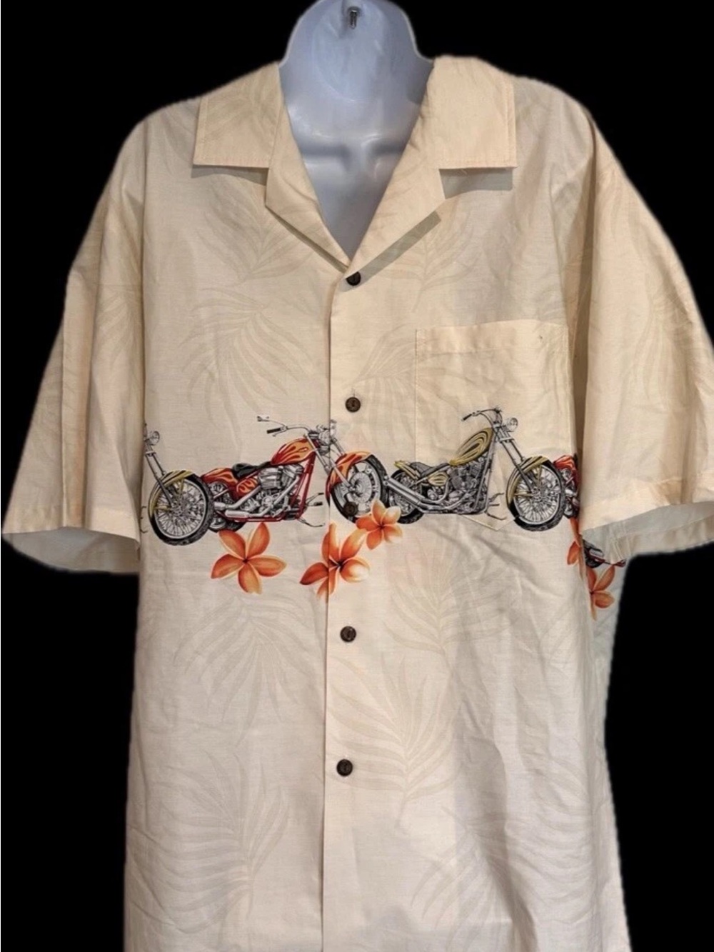 Cream Short-Sleeve Button-Down Shirt with Motorcycle & Plumeria Print